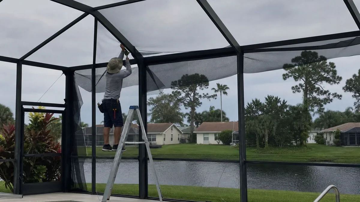 Pool screen rescreening in progress Cape Coral Fort Myers